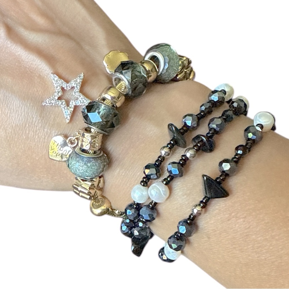 Bundle bracelets 1 Gold tone/charms & 3 Fresh water pearl & black agate stretch